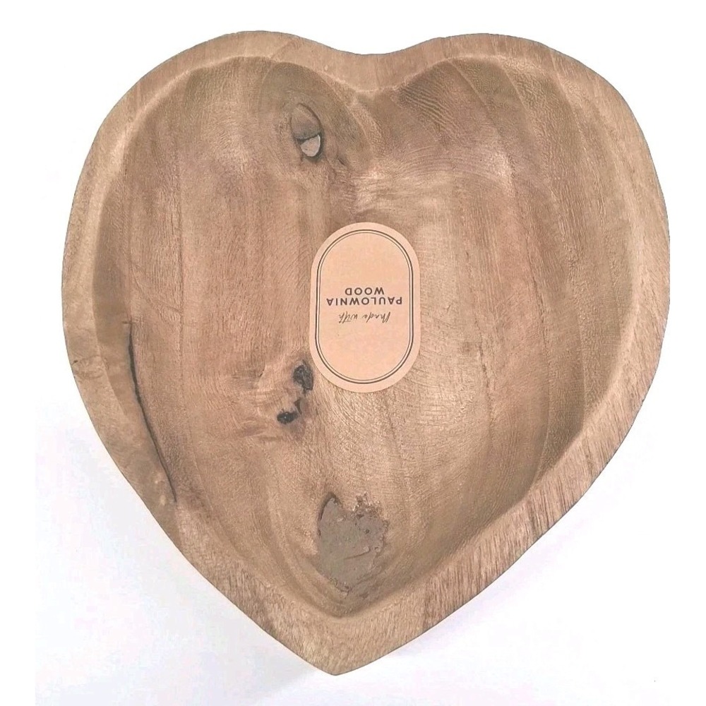 Large Paulowina Wood Carved Heart Shaped Bowl 10"x10"x2-1/2" Rustic FLAW- READ